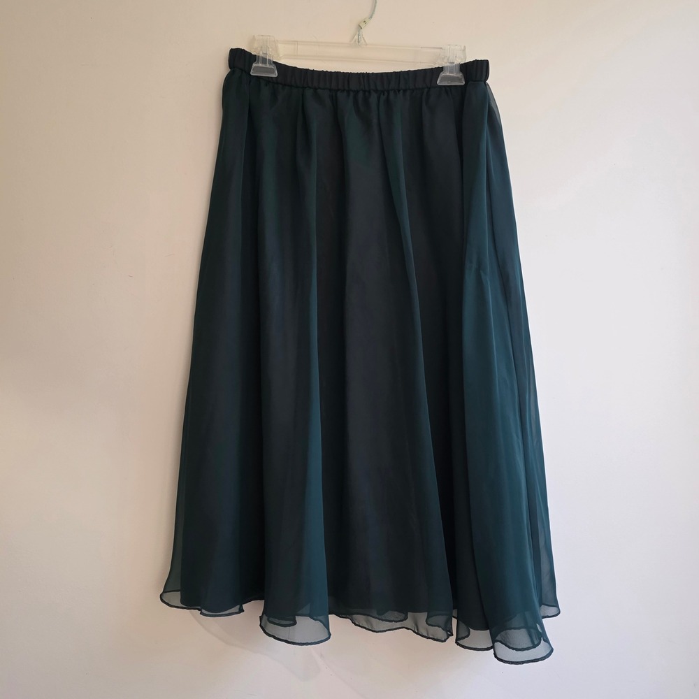 Vintage Y2K Zele Forest Green Chiffon Midi Skirt Made in USA Size 14 Ethereal